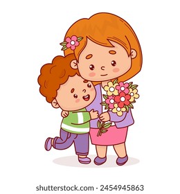 Cute woman with her son and bouquet of flowers. Vector illustration flat cartoon style kawaii. Positive festive female character for birthday, Women's Day, Mother's Day design.