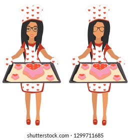 Cute woman holding baking tray with big cake heart and small cakes hearts. Character for the feast of Saint Valentine and March 8. Isolated on white background.  Vector illustration