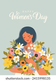 Una mujer linda con un ramo de flores en las manos. Ilustración vectorial de vacaciones de primavera en estilo simple escandinavo. Dibujó a mano una caricatura de una chica romántica con un vestido blanco. Día Internacional de la Mujer