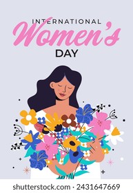 Cute woman holding a bouquet of flowers in her hands. Spring holiday vector illustration in Scandinavian simple style. Hand drawn cartoon romantic girl in a white dress. International women day