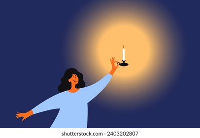 Cute woman holding candlestick handle lights up darkness. Female walking with candle in holder. Girl illuminating dark night room. Sweet dream. Insomnia way vector illustration. Candle light in dark