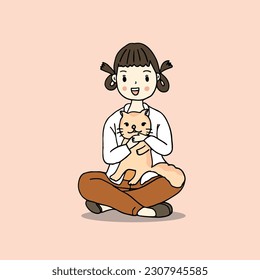 Cute woman holding cat, hand drawn style vector illustration