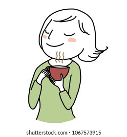 Cute woman holding a coffee cup in hands and smelling aroma of coffee. Woman smiling and smelling aroma of coffee in her hands. Vector illustration with hand-drawn style.