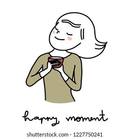 Cute woman holding a coffee cup in hands and smelling aroma of coffee. Woman smiling and smelling aroma of coffee or tea in her hands. Happy moment with coffee concept. Hand-drawn style vector.