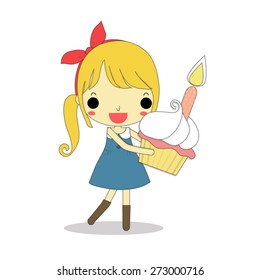 cute woman holding delicious cake with candle on her hands. 