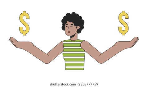 Cute woman holding dollar signs on hands flat line color vector character. Balance in finances. Editable outline half body person on white. Simple cartoon spot illustration for web graphic design