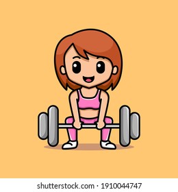 Cute woman holding a dumbbells cartoon illustration