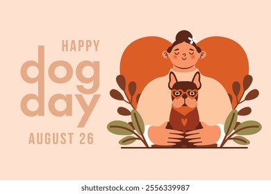 Cute woman holding her french bulldog in eyeglasses. Happy Dog Day. Horizontal banner template with dog owner and her pet with heart on background. Naive illustration with kawaii puppy. Flat Design.