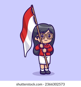 Cute Woman Holding Indonesia Flag Cartoon Vector Icon Illustration. People Holiday Icon Concept Isolated Premium Vector. Flat Cartoon Style