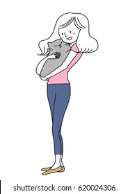 Cute woman holding lovely big cat. Vector illustration of cat lover with hand-drawn style.