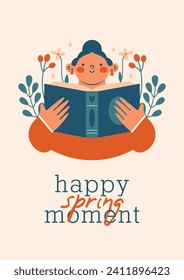 Cute woman holding open book. Cottagecore, village life. Springtime illustration in flat style. Happy cheerful reading girl, person for vector card, banner with text "happy spring moment".