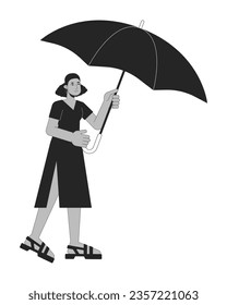 Cute woman holding opened umbrella flat line black white vector character. Editable outline full body person covers from bad weather. Simple cartoon isolated spot illustration for web graphic design