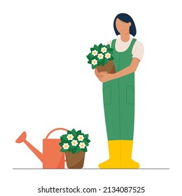 Cute woman holding a pot of flowers and doing work in the garden isolated on white. Happy girl with a watering can takes care of growing plants. Vector illustration