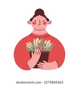 Cute woman holding pot with yellow tulips.Cartoon abstract character. Modern illustration with person, girl in flat style for sticker, greeting card on Mother's Day. Simple colorful clip arts.