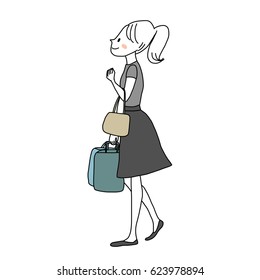 Cute woman holding shopping bags. Pretty girl strolling and looking for buying something. Vector illustration with hand-drawn style isolated on a white background.