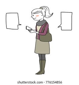 Cute woman holding smartphone, typing text and sending her message to someone. Blank word balloons included. Young woman holding phone and texting. Vector illustration with hand-drawn style.