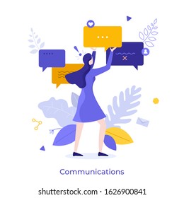 Cute woman holding speech bubble or message notification. Creative concept of internet communication, online conversation on social network, instant messaging, chatting. Modern flat vector illustratio