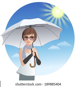 Cute woman holding sunshade umbrella under strong sunlight.File contains clipping mask, Gradients, Transparency.