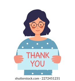 Cute woman holding thank you sign in flat design on white background.