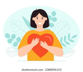 Cute woman holds a big heart in her hands. Valentine's day concept. World Heart Day. Vector illustration