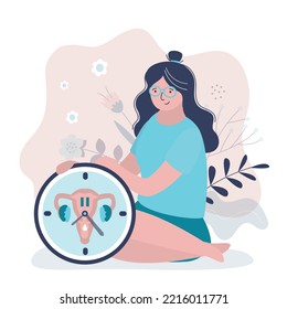Cute woman holds biological clocks, limited fertility. Medical concept, feminine age. Menopause. Climacteric. Women's health. Menstrual periods. Uterus, clock and flowers. Aging process. Flat vector