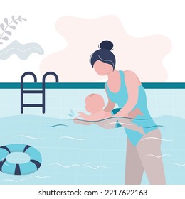 Una mujer dulce sostiene a un niño pequeño y enseña a nadar en la piscina. Mamá con un bebé aprende a nadar, a dar una lección en la piscina. Aprendizaje familiar, actividad para recién nacidos. Deporte, hobby. Ilustración vectorial plana