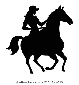 A cute woman with a horse black silhouette vector vintage illustration