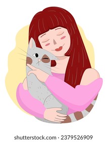 Cute woman hugging her cat. Vector illustration in cartoon style.