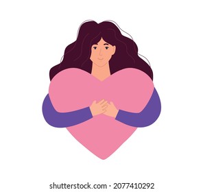 Cute woman hugging herself flat style vector illustration. Trendy design for self love, mental health, self care, Women'day, body positive, healthcare concept. Love yourself and your body design