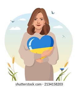 Cute woman hugs heart in the color of the Ukrainian flag. The concept of love for Ukraine and support for the country. Blue and yellow heart in the hands of a woman. Vector illustration in flat style.