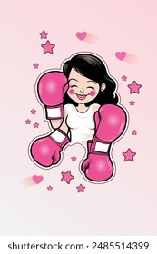 cute woman illustration, wearing Boxing Gloves