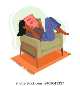 Cute Woman Immersed In The World Of Books, Her Heart Captivated By The Love Stories, Embracing The Joy Of Reading And The Magic That Unfolds With Each Turn Of The Page. Cartoon Vector Illustration