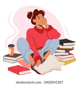 Cute Woman Immerses Herself In The World Of Books. Female Character Captivated By The Pages That Transport Her To Different Realms, Mind Brimming With Imagination. Cartoon People Vector Illustration