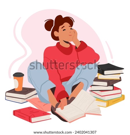 Cute Woman Immerses Herself In The World Of Books. Female Character Captivated By The Pages That Transport Her To Different Realms, Mind Brimming With Imagination. Cartoon People Vector Illustration