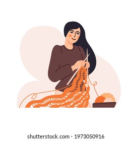 Cute woman knitting flat cartoon illustration. Traditional handmade craft banner design. Lifestyle concept.