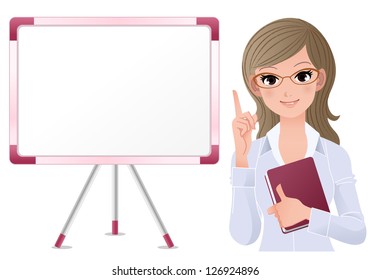 Cute woman lecturing besides white board. Gradients, Blending tool is used.