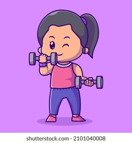 Cute Woman Lifting barbell Cartoon Vector Icon Illustration. People Sport Icon Concept Isolated Premium Vector. Flat Cartoon Style
