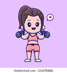 Cute     Woman     Lifting     Dumbbell     Gym     Fitness Cartoon Vector Icon Illustration. People Sport   Icon Concept Isolated Premium Vector. Flat Cartoon Style