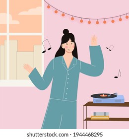 A cute woman listening to music, enjoying, spending time at home during a pandemic, staying at home keeping her distance. Stay home take care of health illustration vector.