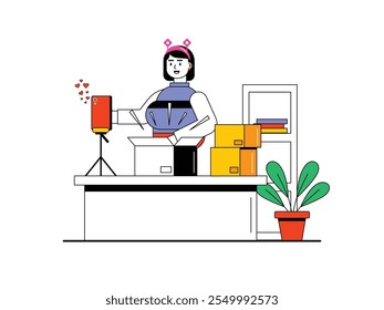 Cute woman live on social media, beauty and fashion influencer. Character design. Vector flat illustration