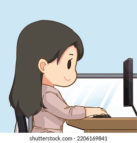 
Una linda mujer con el pelo largo negro trabaja en Office, usando pc. Una dama de oficina se sienta en el escritorio de la habitación, Mirando la pantalla del ordenador. Concepto de Office. Ilustración vectorial en dibujos animados.