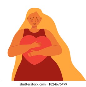 Cute woman with long blond hair hugs big heart carefully. Woman is holding red heart in her hands. Love for yourself, high esteem and body positive concept vector.