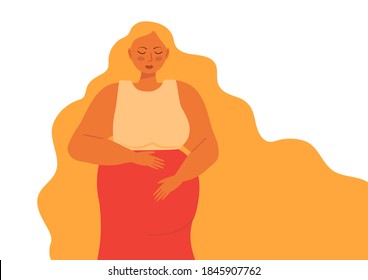 Cute woman with long blond hair hugs her big belly. Love her future baby and for yourself, high esteem and body positive concept vector. Pregnancy concept illustration.