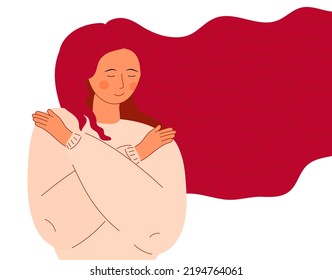 Cute woman with long hair hugs herself. Positive lady expressing love and care. Love for yourself, high esteem and body positive concept vector.