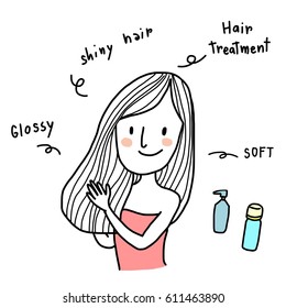 Cute woman with long hair taking care of her healthy and glossy hair. Hair treatment bottles are included. Vector illustration with doodle style.