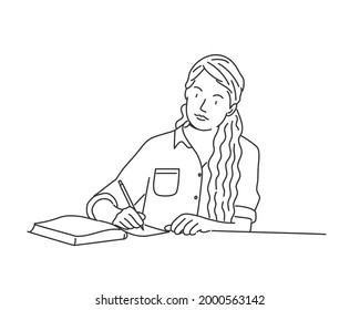 Cute woman with long hair writing a letter or doing homework at the table. Hand drawn vector illustration.