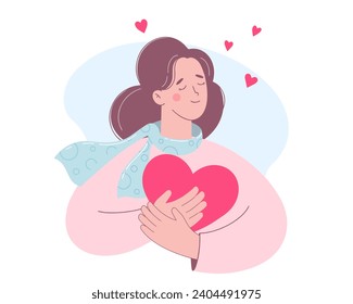 Cute woman with love and generosity in heart. Love inside. Woman holds big heart. Vector illustration
