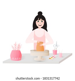 Cute woman making vase on pottery wheel, handmade clay pot, ceramic craft master, decorating pot on white background in cartoon style