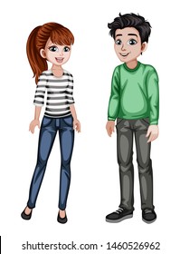 Cute Woman and Man Characters in Beautiful Clothes Standing Isolated on White Background. Beautiful Smiling Couple in Fashinable Clothes Cartoon Vector Illustration