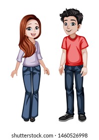 Cute Woman and Man Characters in Beautiful Clothes Standing Isolated on White Background. Beautiful Smiling Couple in Fashinable Clothes Cartoon Vector Illustration